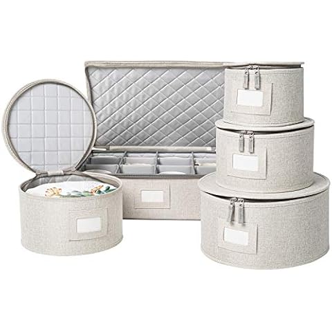 China Storage Set, Hard Shell and Stackable, for Dinnerware Storage and Transport, Protects Dishes Cups and Mugs, Felt Plate Dividers Included (Cream) Cover