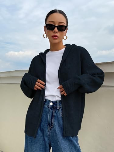 Image of SOLY HUX Zip Up Cardigan for Women Hooded Cardigan Sweater Knitted Drop Shoulder Fall Clothes Winter Hoodies Outerwear