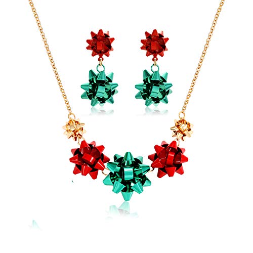 Christmas Necklaces Earrings Set For Women Statement Xmas Gift Bow Collar Necklace Drop Dangle Earrings Set Holiday Jewelry Gift (gold red green)