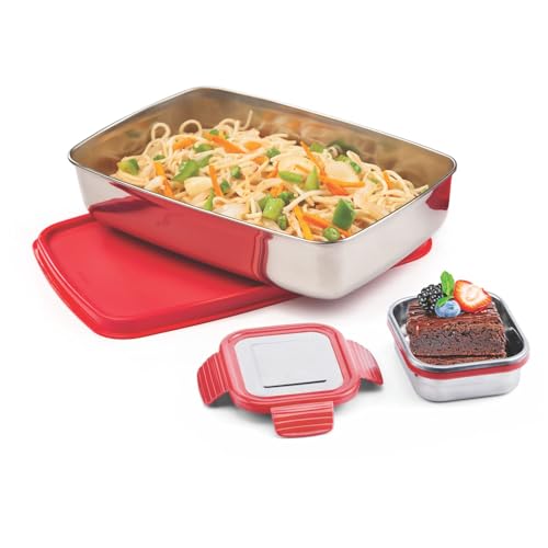 Image of SignoraWare Munch Mate Stainless Steel Lunch Box | Airtight & Leakproof | Durable & Compact | Easy to Carry | Ideal Tiffin for Office, School, Kids & Travel (550ml + 130ml | Red)