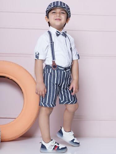 Image of AJ DEZINES Kids Cotton Blend Stripes Shirt Shorts With Cap and Suspender Set For Boys