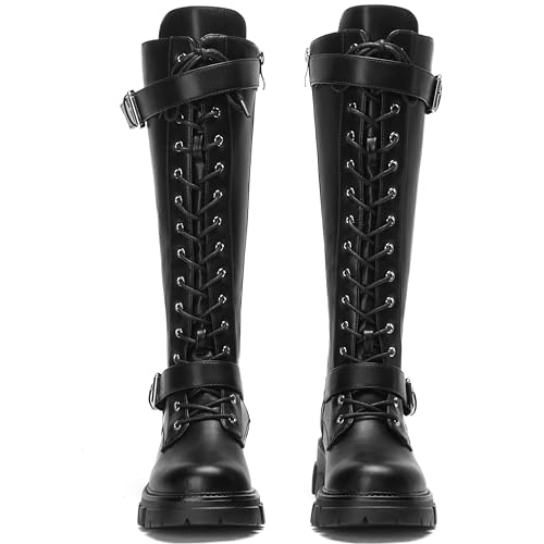 Women Platform Combat Knee High Boots Lace Up Lug Sole Riding Boots Buckle Motorcycle Boot with Zipper Fall2