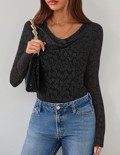ZESICA Women's Long Sleeve Floral Tops Cowl Neck Slim Fit Going Out Shirts 2025 Fall Fashion Outfits Clothes2