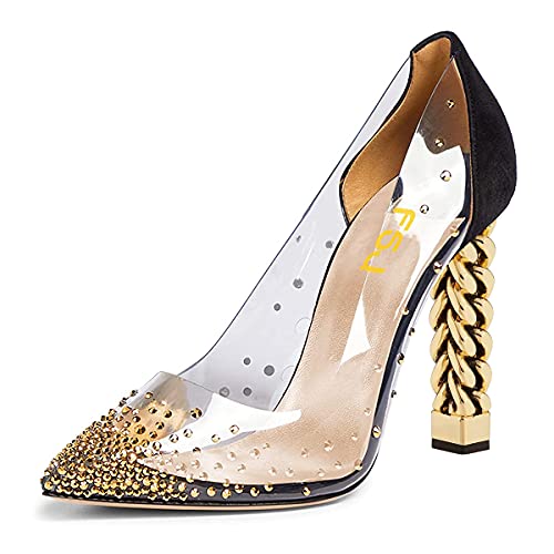 FSJ Women Golden Block High Heels Clear Pumps Pointed Toe Slip On Fashion Dress Party Evening Shoes Size 8 Black Gold Rivets FSJ Women Golden Block High Heels Clear Pumps Pointed Toe Slip On Fashion Dress Party Evening Shoes Size 8 Black Gold Rivets