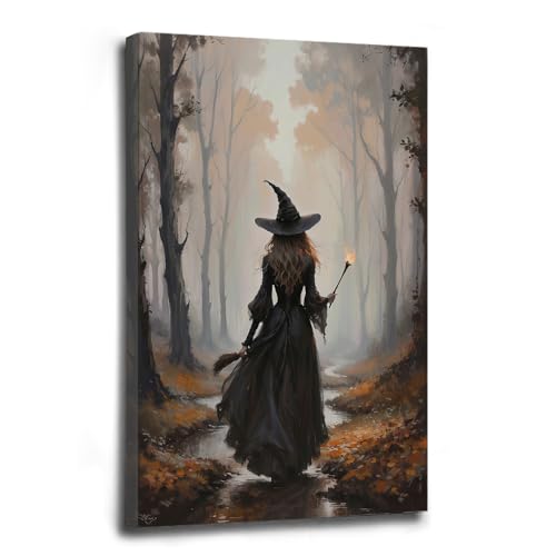Witch walking through the forest canvas wall art dark academy