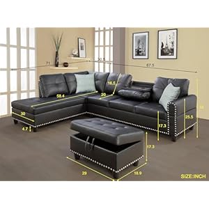 Fanye 3 piece modular sectional sofa with r chaise l shaped 5 seaters faux leather upholstered corner sofa couch w2 cup holders and storage ottoman for home apartment office living room  urban country home decor
