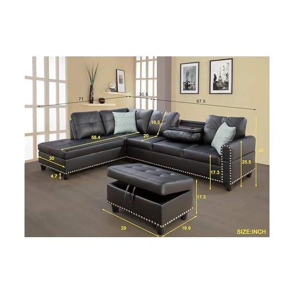 Fanye 3 piece modular sectional sofa with r chaise l shaped 5 seaters faux leather upholstered corner sofa couch w2 cup holders and storage ottoman for home apartment office living room  urban country home decor