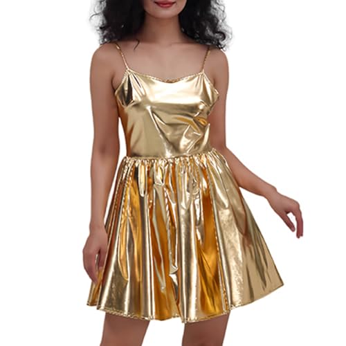 Générique Mini robe patineuse effet mouillé pailleté métallisé holographique sans manches pour femme
