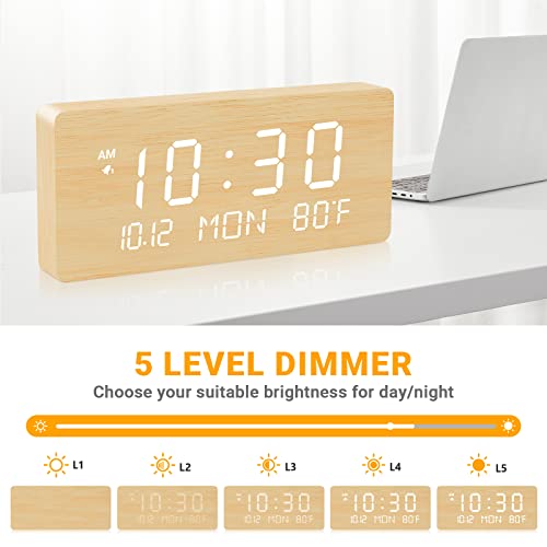Andoolex Wooden Digital Wall Clock With Remote Control, 5 Levels Adjustable Brightness, Clear Led Display With Date/Week, 12/24Hr, Indoor Temperature Alarm Clock For Home/Office/Warehouse (Bamboo) #TOP2