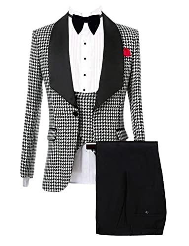 Men's Houndstooth Suit 3-Piece Double Breasted Vest Business Wedding Prom Jacket Tuxedo & Trousers