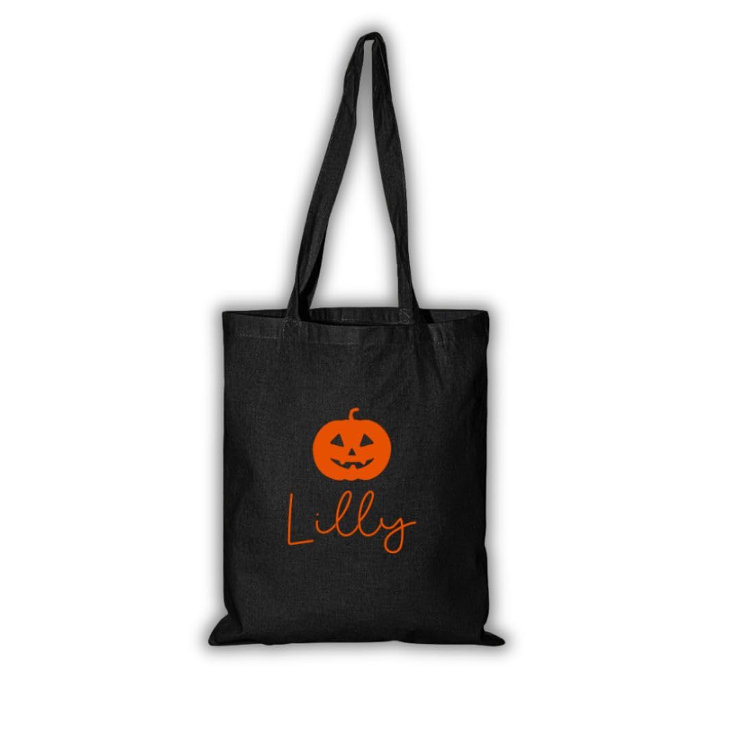 Personalised Halloween Trick or Treat Tote Bag, Black Canvas with Pumpkin or Ghost Design, Customisable Name Boo Basket Gift