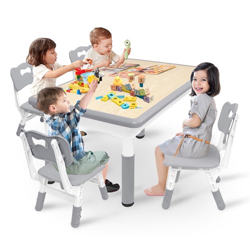 LZQ Table avec chaises pour enfants, ensemble de meubles pour enfants avec 4 chaises, réglable en hauteur, pour garçons et filles à partir de 2 ans
