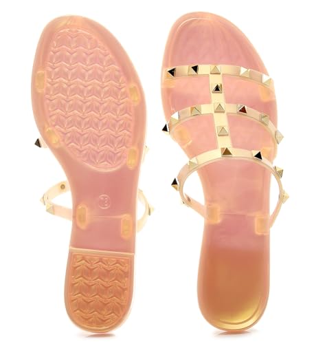 Libbook WOMENS STUDDED SANDALS JELLY SHOES Studded Sandals For Womens Jelly Shoes Flats Stud Slides Slip thumb #1