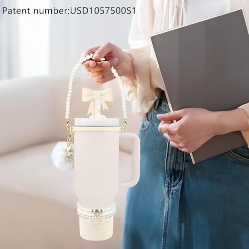 Hpebl 11PCS Cream of Stanley Cup Accessories 30/40 OZ Water Bottle Tumbler Accessories Set Pearl Bow Charms for Stanley Decorations Including Bow Straw Topper, Pom Pom Keychain, Silicone Tumbler Boot — view 4