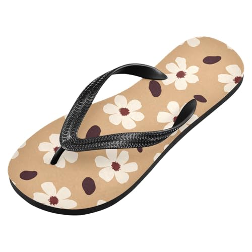 Sinestour White Flower Brown Flip Flops for Beach Thong Sandals Anti-slip Lightweight Flat Slippers for Summer Travel Swim2