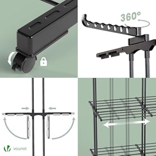 VOUNOT® 2 in 1 Stendino Verticale Salvaspazio Allungabile, 3 Livelli Stendibiancheria a Torre Pieghevole con Ruote, 12 Ali e 2 Bracci Estensibili per Interno ed Esterno, Nero