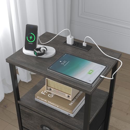 Image of sthmec Nightstand with Charging Station, LED Night Stand with 2 Fabric Drawers, Bedside Tables End Table with Drawers, 2-Tier Storage Side Table Nightstand with Drawers for Bedroom, Black Oak