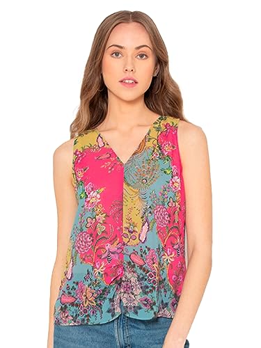 Image of SHAYE Pink Casual Sleeveless V-Neck Floral Printed Georgette Top for Women