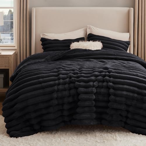 Bedsure Faux Fur King Comforter Set, Striped Fluffy Bedding Sets Black