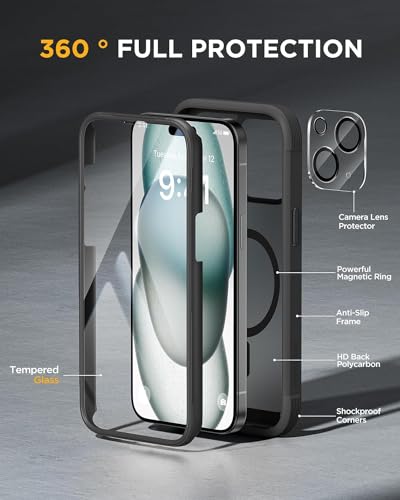 Image of Miracase Magnetic for iPhone 15 Plus Case 6.7'' [Compatible with Magsafe] only for 15 Plus Phone Case Cover with Built-in 9H Tempered Glass Screen Protector,Magnetic Frosted Black