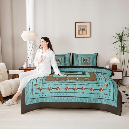 Image of Red Western Texas Star King Size Comforter Set with Sheets | Bull Skull 7 Piece Bedding Set Cowboys Gifts Western Bed in a Bag,Cowboy Boots for Boys Brown Cowboy Hats Boho Rustic Farmhouse Decor