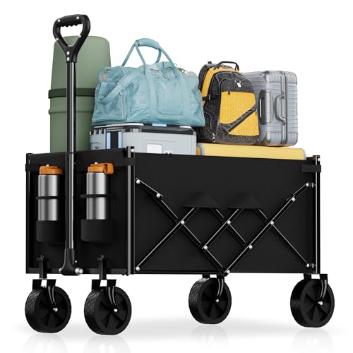 Lightweight Folding Wagon, Large Capacity Collapsible Grocery Cart on Big Wheels, Heavy Duty Foldable Shopping Carts, All-Terrain Outdoor Utility Carts for Camping, Sports, Garden, Beach, 3.5 Cu Ft