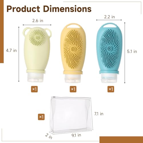 3 PCS Silicone Travel Bottles, 100 ml Leak-Proof Refillable Toiletry Containers with Massage Brush & PVC Zipper Bag, Squeezable Bottles for Shampoo, Body Wash & Facial Cleanser - Image 5