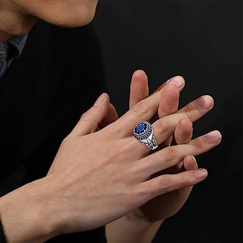 Sapphire Ring for Men S925 Sterling Silver Blue Sapphire Rings Men Vintage Pattern Sapphire Mens Sapphire Silver Ring Ottoman Style Ring Handmade for Men’s Ring Jewelry Gift Size 4-16(Parent)4