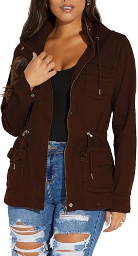 sexycherry Casual Bomber Hooded Jackets for Women Coffee Outwear Fall Coats