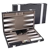 GSE Games & Sports Expert Premium Leather Backgammon Board Game Set, Classic Backgammon Game Set with Leather Case, Travel Folding Board Game (Black&Grey, Large)