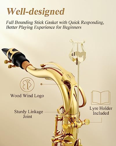 Image of Eastar Tenor Saxophone, B Flat Golden Lacquer Beginner Kit with Cleaning Cloth, Case, Mouthpiece, Neck Strap, Reeds, TS-Ⅱ