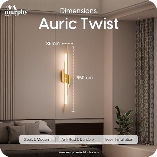 Image of Murphy Auric Twist 12W Decorative LED Wall Lamp | Warm White Wall Light | Premium Gold Finish | Modern Wall Sconce for Living Room, Bedroom & Hallway | 2 Year Warranty | Pack of 2