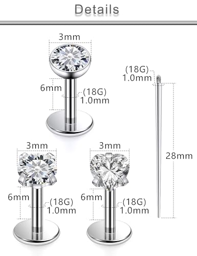 Yaalozei 20G 18G 16G F316 Titanium Flat Back Nose Rings Studs Hypoallergenic Screw on Tragus Helix Cartilage Earrings Stud Piercing Jewerly for Women Men Bars 6mm3