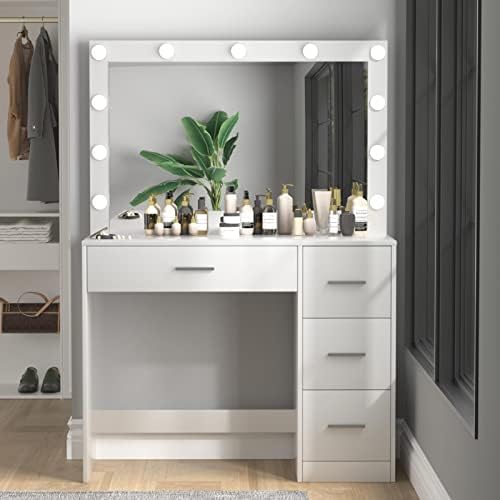 Irontar Vanity Table, Makeup Table with Big Mirrors & 10 LED Lights, Dressing Table Desk with 4 Drawers, Bedroom Vanity Desk for Women Girls, White WDT002W