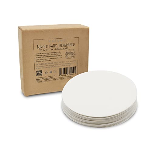 NATUMO Papel antiadherente para hamburguesas en blanco (diámetro de 11 cm - 500 hojas), papel encerado redondo como papel de separación en prensa para hamburguesas perfectas Cover