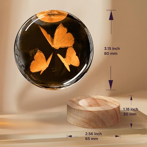 Image of 3D Butterfly Crystal Ball Night Light with Woodern Base, 3.15 inch Butterfly Figurine Glass Lamp with 16 Colors Cute Desk Decor for Home Butterfly Gifts for Women Kids Friends