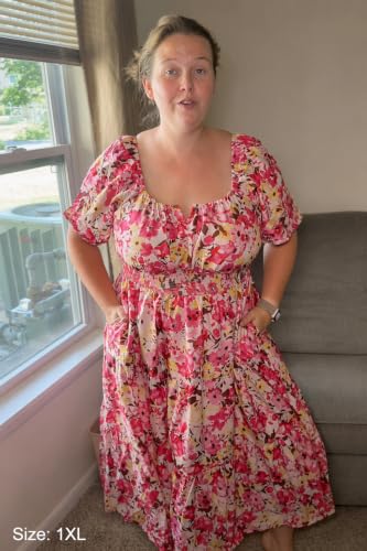Image of RITERA Plus Size Dresses for Curvy Women Square Neck Short Sleeve Summer Floral Smocked Maxi Dress with Pocket XL-5XL