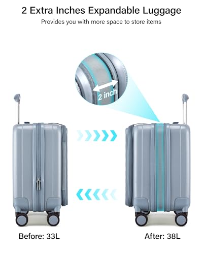 Image of Hanke 45cm Expandable Mini Cabin Trolley Bags, Hard Shell Polycarbonate Top Opening Suitcase, 8 Silent Spinner Wheels, Lightweight Carry On Luggage for Daily Commute & Short Travel,Grey