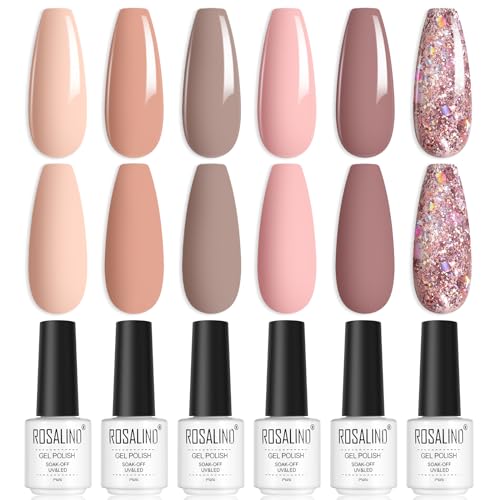 ROSALIND Pintauñas Semipermanentes, Nude Esmaltes Semipermanentes Para Uñas, 6 Colors Rosa Nude Beige Champán Glitter Esmaltes Semipermanentes de Uñas en Gel UV LED para Principiantes Art DIY en Casa