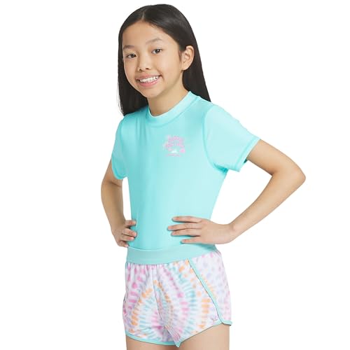 Eddie Bauer Girls UPF 50+ Rash Guard Sun Tee Shirt and Swim Short Set Waterspout Medium