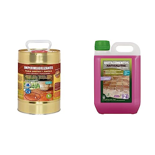 MONESTIR Impermeabilizante para Grietas y Juntas, 5 L & SANET Quitacementos Antisalitre Limpiador restos de Obra Suelos 2 Litros