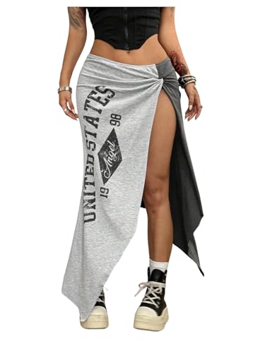 MakeMeChic Women's Letter Print Color Block Skirt Low Waist Hankerchief Twist Split Y2k Skirt