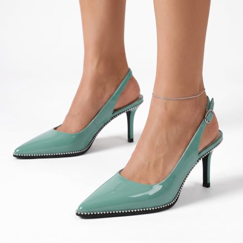 Image of YODEKS Slingback Heels for Women Pointy Toe Beaded Heels Close Toe Kitten Heel Pumps 2.5 Inch Stiletto Pumps Wedding Party Dressy Shoes