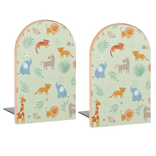 Sujetalibros de madera decorativos con diseño de animales infantiles, elefante, león, para estantes, habitación, escritorio, hogar, oficina, libros, revistas, DVD, 2 piezas