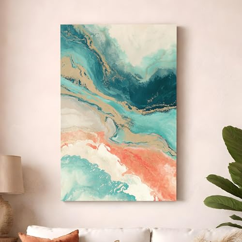 Image of Abstract Fluid Stretched Canvas Painting For Living Room | Turquoise Marble Stretched Canvas Wall Art For Livingroom Home Decor, Bedroom, Hallway's, Office, Hotel - 56x86 cm
