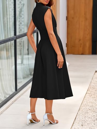 Wenrine Womens Summer Smocked Midi Dress Casual Zipper V Neck Cap Sleeve High Slit Flowy Long Dresses4