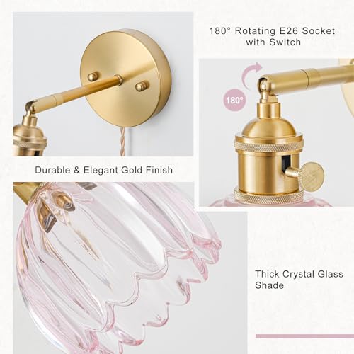 Image of Plug in Wall Sconces Set of 2, Vintage Wall Sconce Light with Tulip Pink Glass Lampshade, Bedroom Wall Sconce with Switch and Plug in wall lamp Cord, Gold Wall Light Wall Decor Set of 2