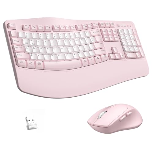 Wireless Keyboard and Mouse Combo,2.4G Ergonomic Wave Keys(Pink & White-B)