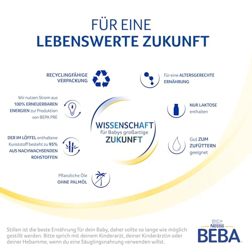 BEBA PRE Anfangsmilch von Geburt an, Babynahrung , nur Laktose, ohne Palmöl, 6er Pack (6 x 500g)