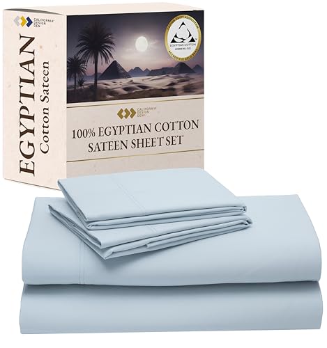 California Design Den Certified 100% Egyptian Cotton Bedsheets Queen Size Bed Set - Queen Sheet Set Egyptian Cotton Sateen, Deep Pockets with Anti-Skid Elastic, Durable Luxury Bedding - Light Blue